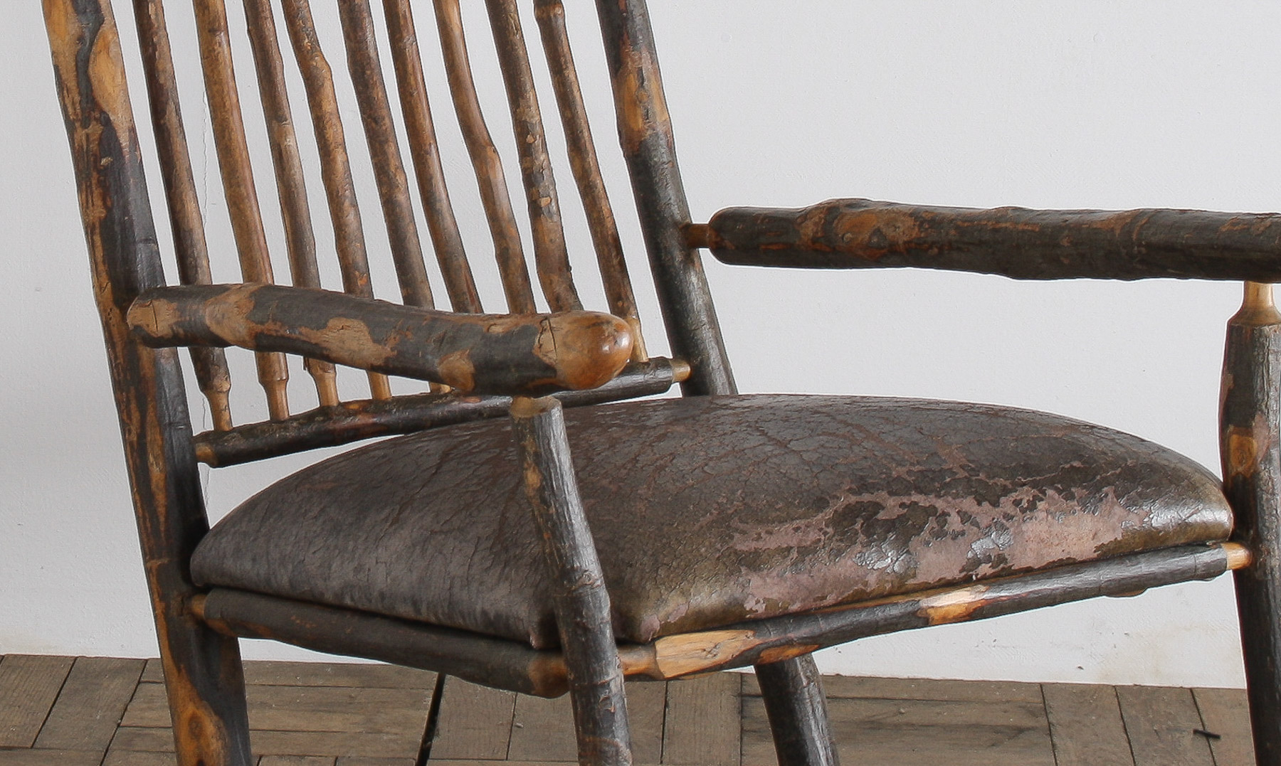 Antique American Stick Back Rocking Chair with Distressed Patina and Leather Seat - Image 7