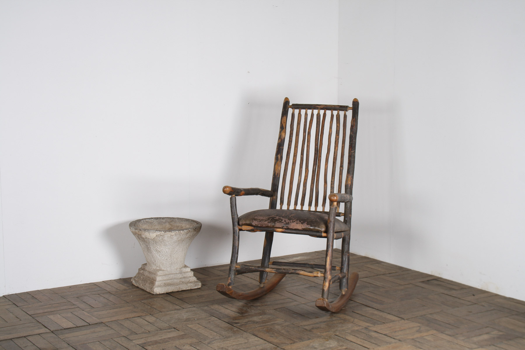 Antique American Stick Back Rocking Chair with Distressed Patina and Leather Seat - Image 6