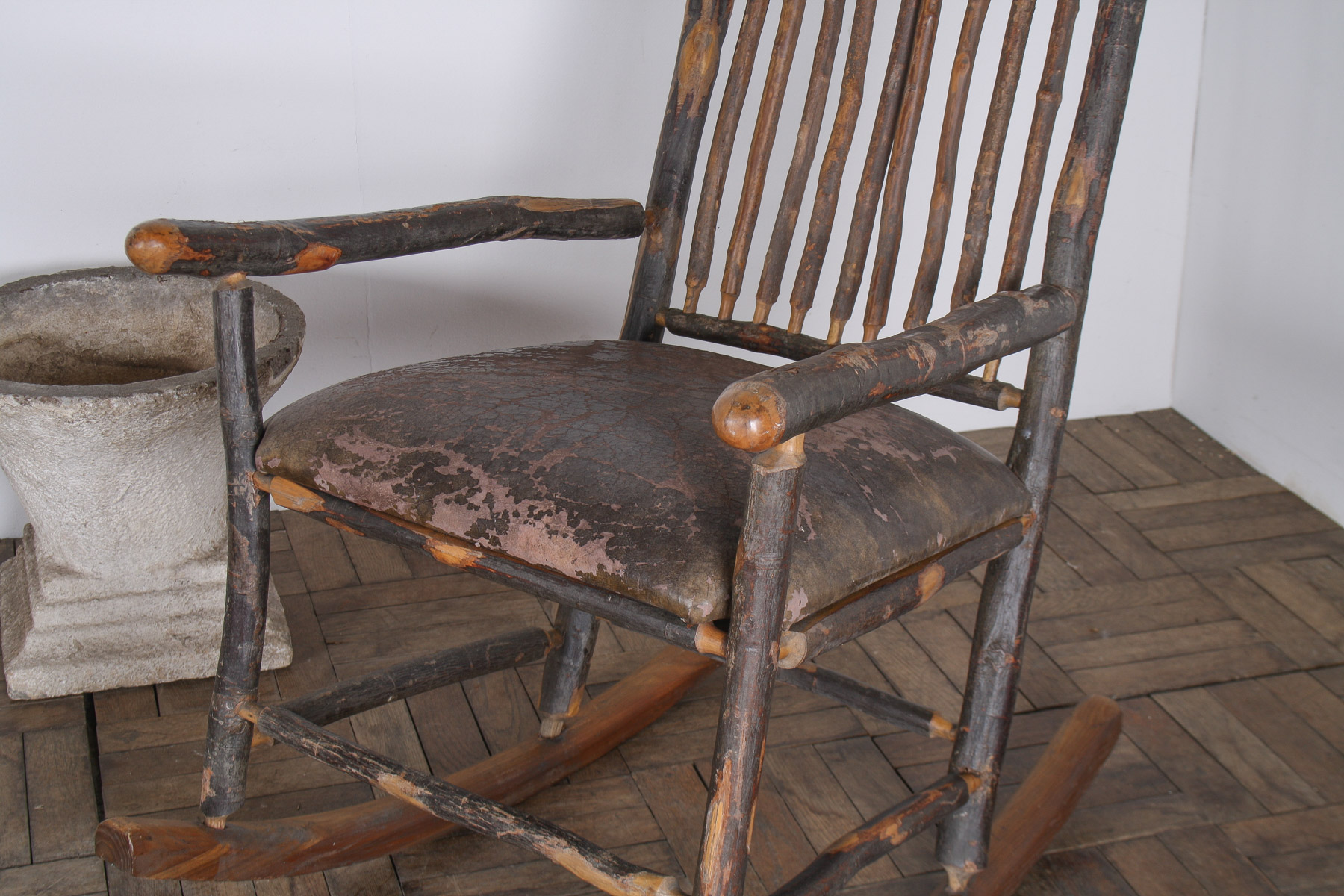 Antique American Stick Back Rocking Chair with Distressed Patina and Leather Seat - Image 5