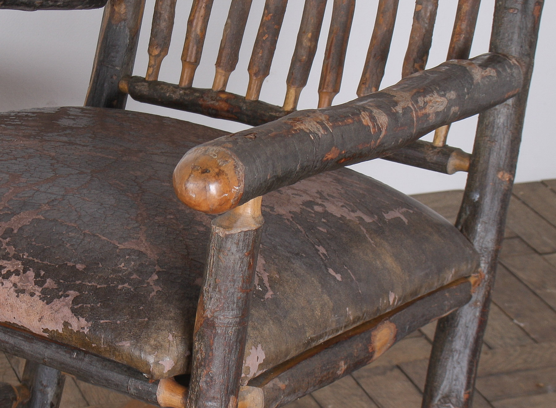 Antique American Stick Back Rocking Chair with Distressed Patina and Leather Seat - Image 4