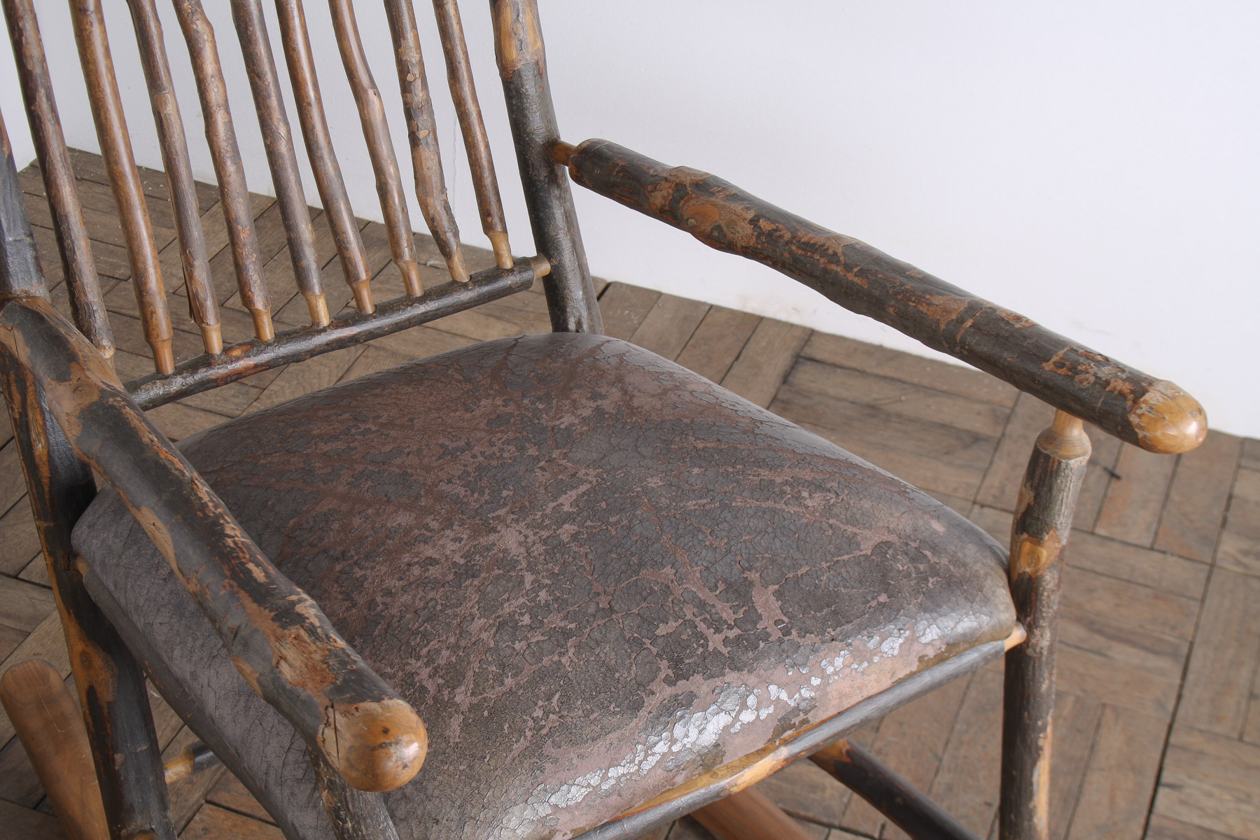 Antique American Stick Back Rocking Chair with Distressed Patina and Leather Seat - Image 3