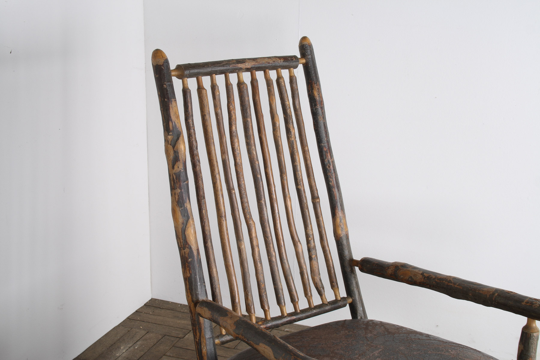 Antique American Stick Back Rocking Chair with Distressed Patina and Leather Seat - Image 16