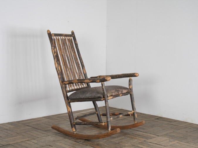 Antique American Stick Back Rocking Chair with Distressed Patina and Leather Seat