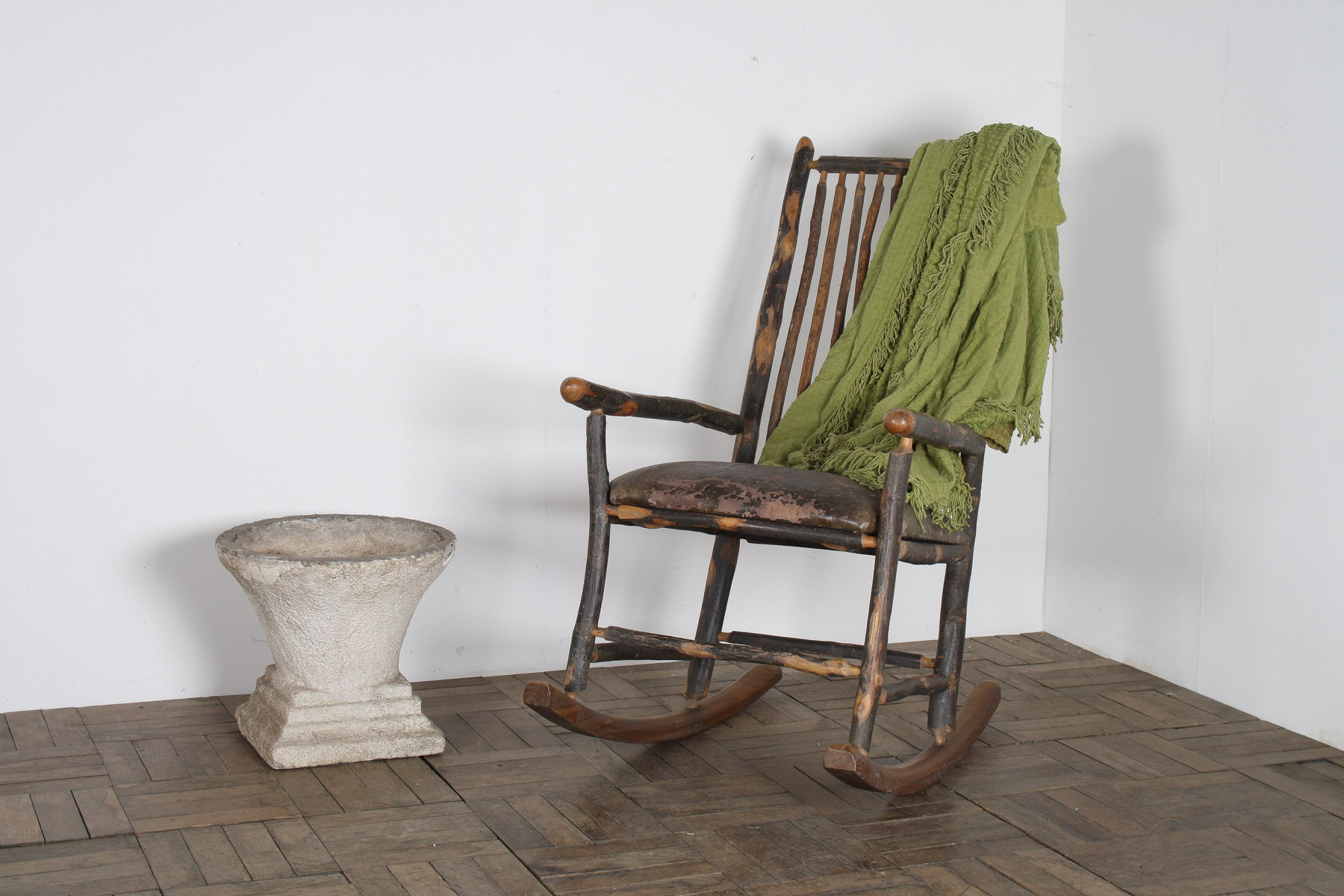 Antique American Stick Back Rocking Chair with Distressed Patina and Leather Seat - Image 19