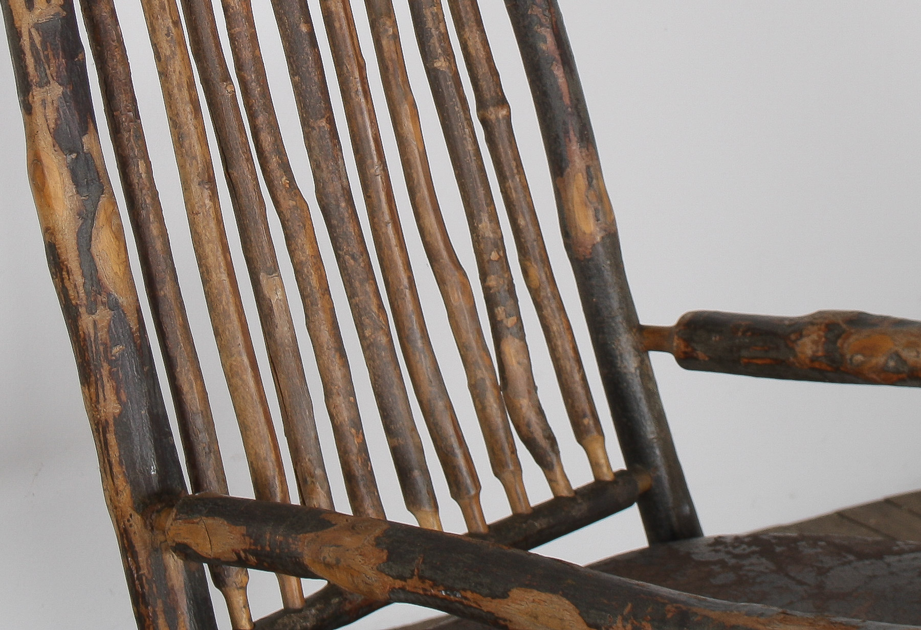 Antique American Stick Back Rocking Chair with Distressed Patina and Leather Seat - Image 18
