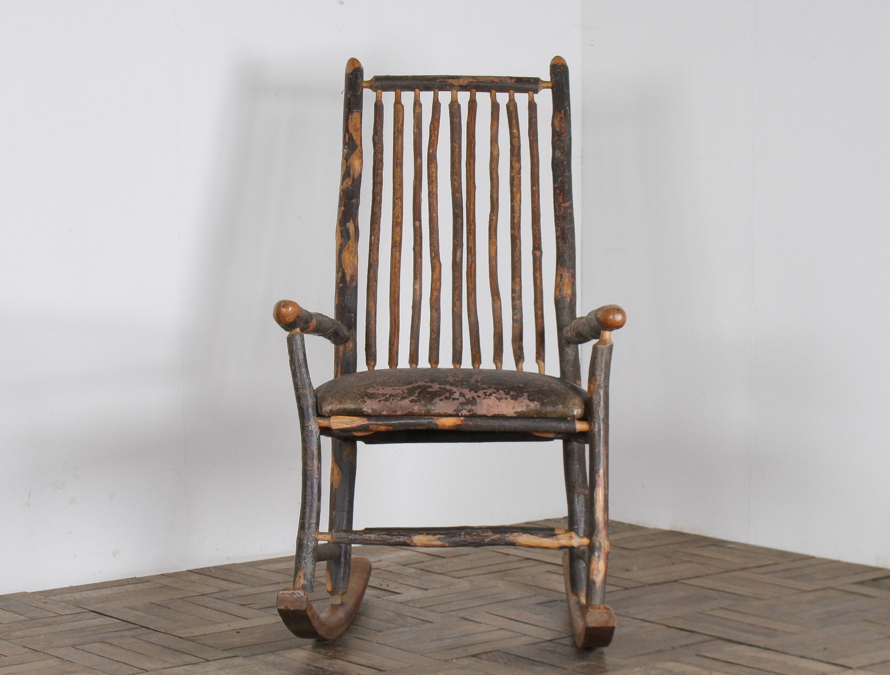 Antique American Stick Back Rocking Chair with Distressed Patina and Leather Seat - Image 15