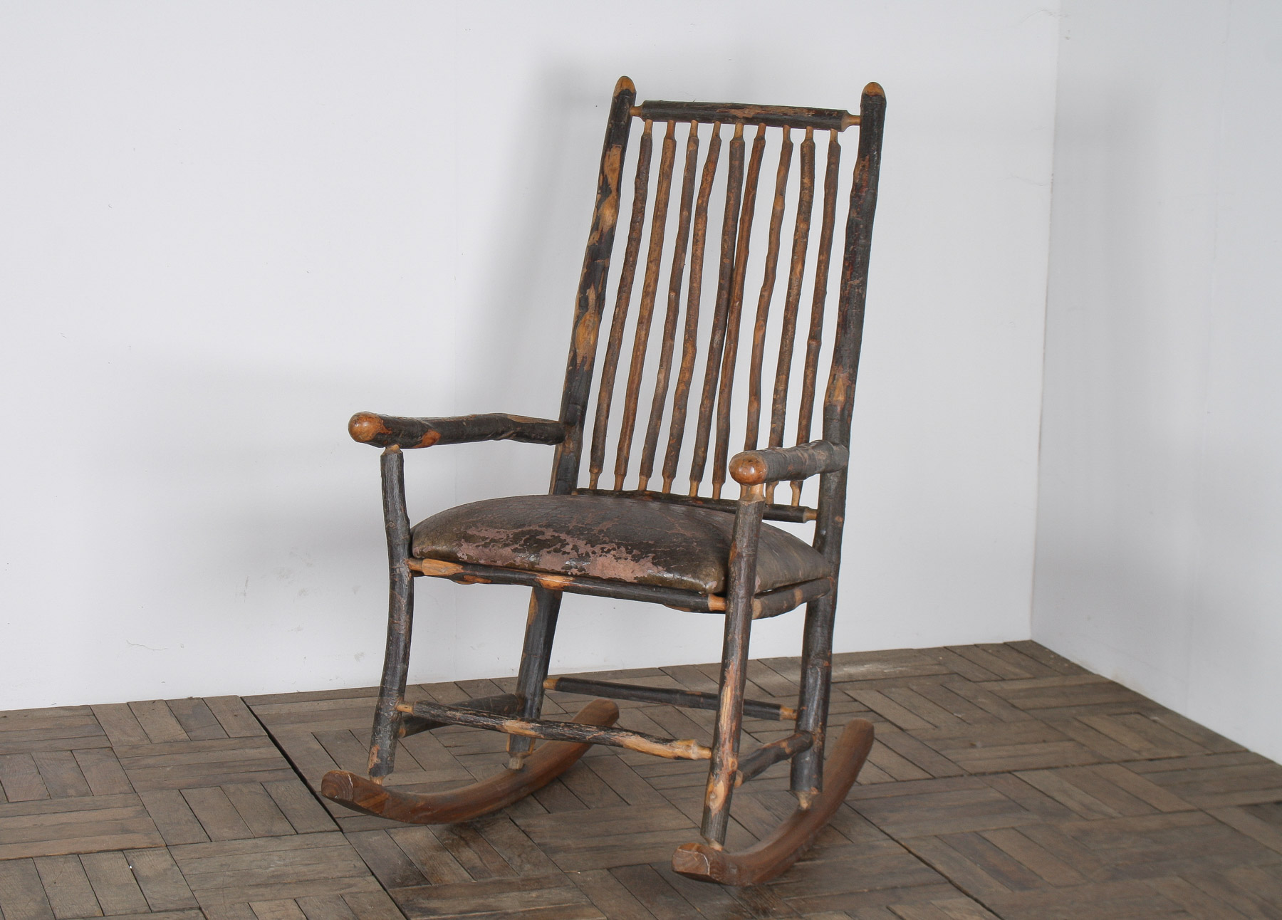 Antique American Stick Back Rocking Chair with Distressed Patina and Leather Seat - Image 14