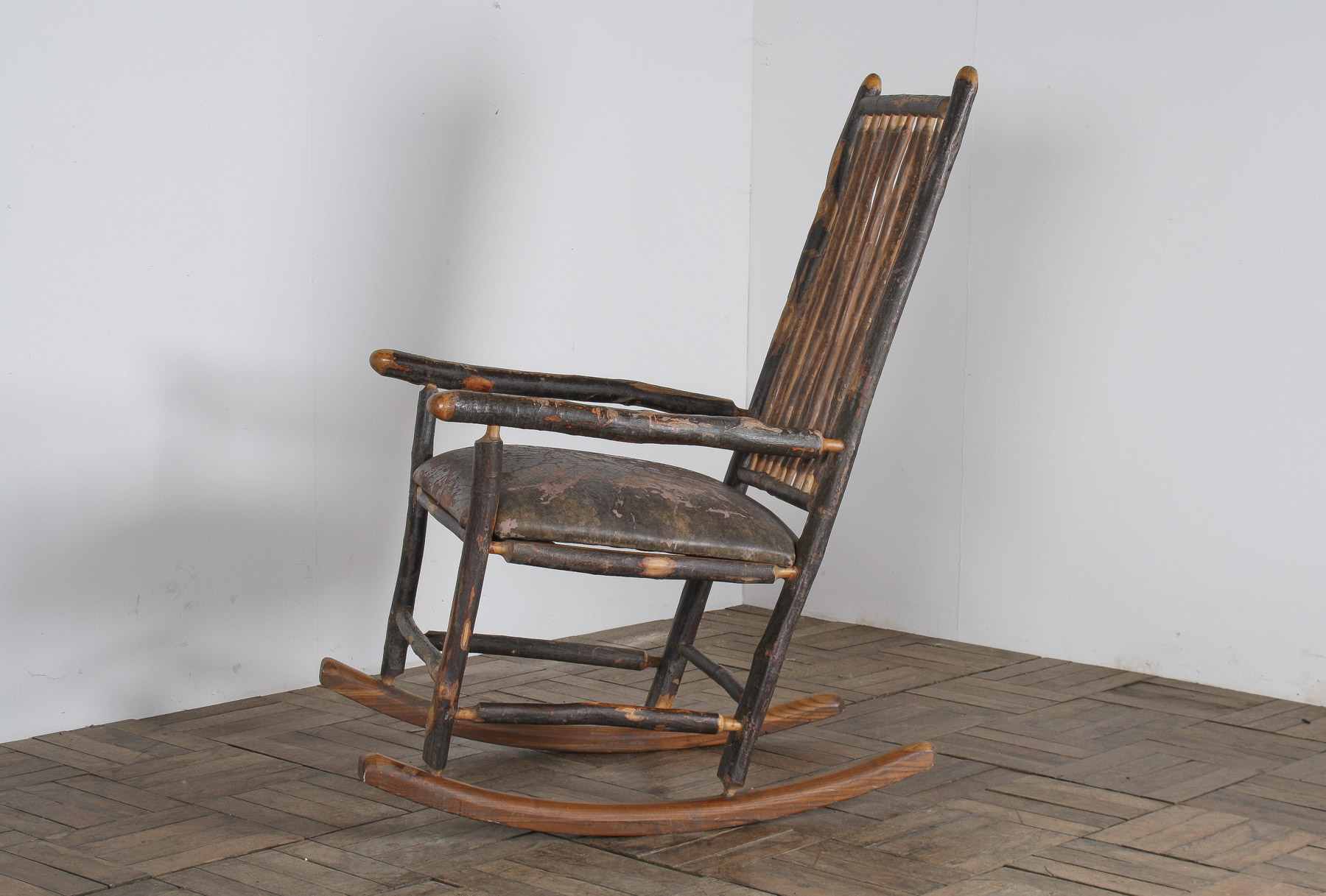 Antique American Stick Back Rocking Chair with Distressed Patina and Leather Seat - Image 13