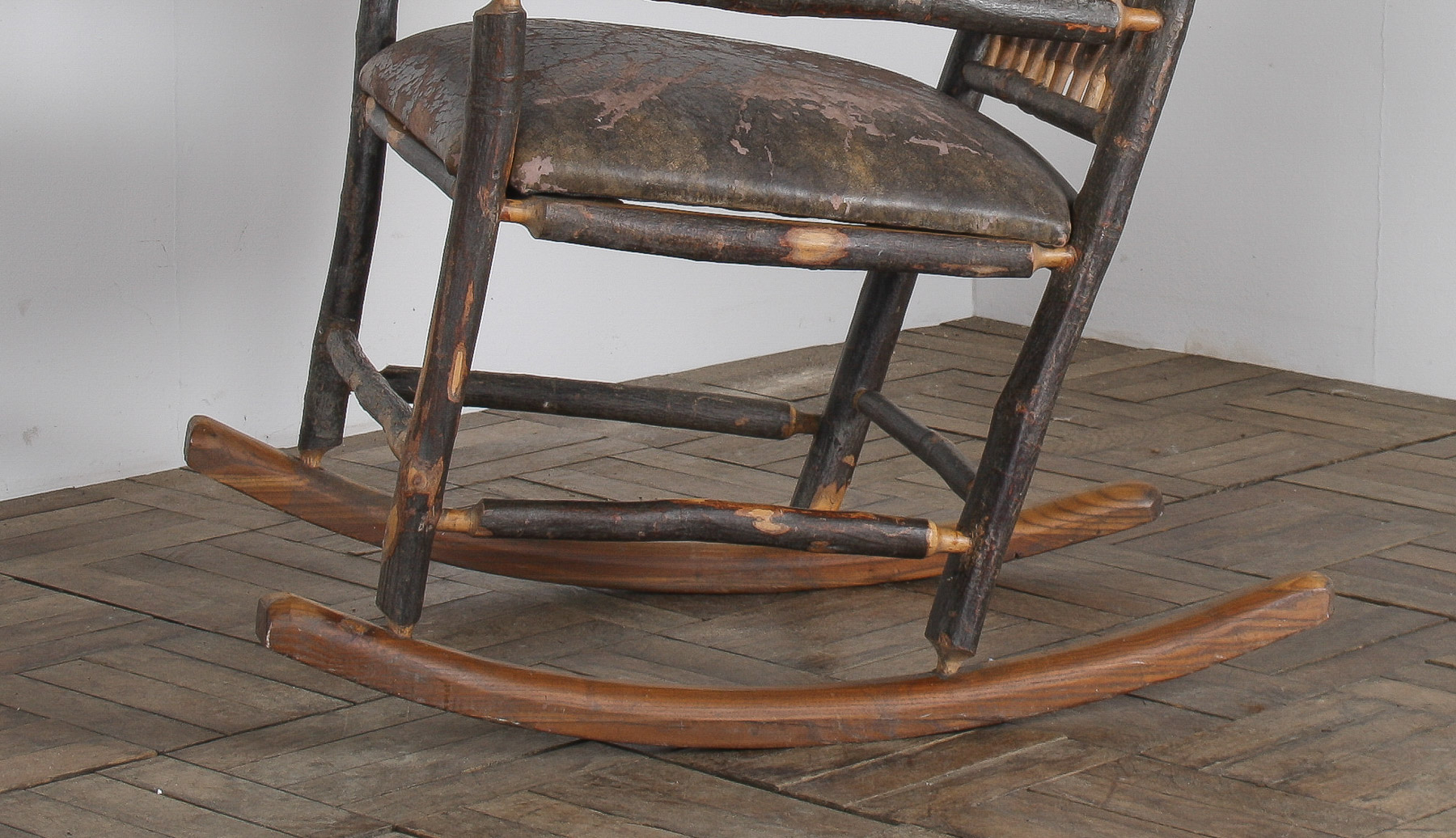 Antique American Stick Back Rocking Chair with Distressed Patina and Leather Seat - Image 12