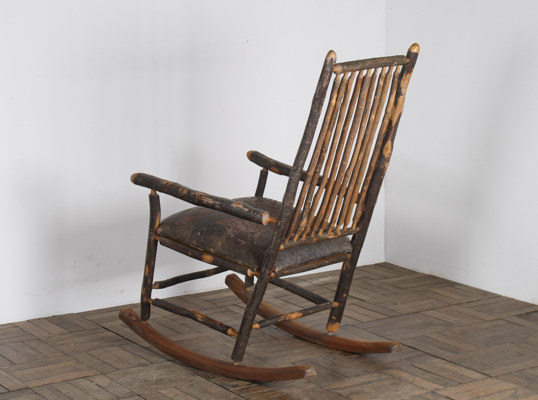 Antique American Stick Back Rocking Chair with Distressed Patina and Leather Seat - Image 11