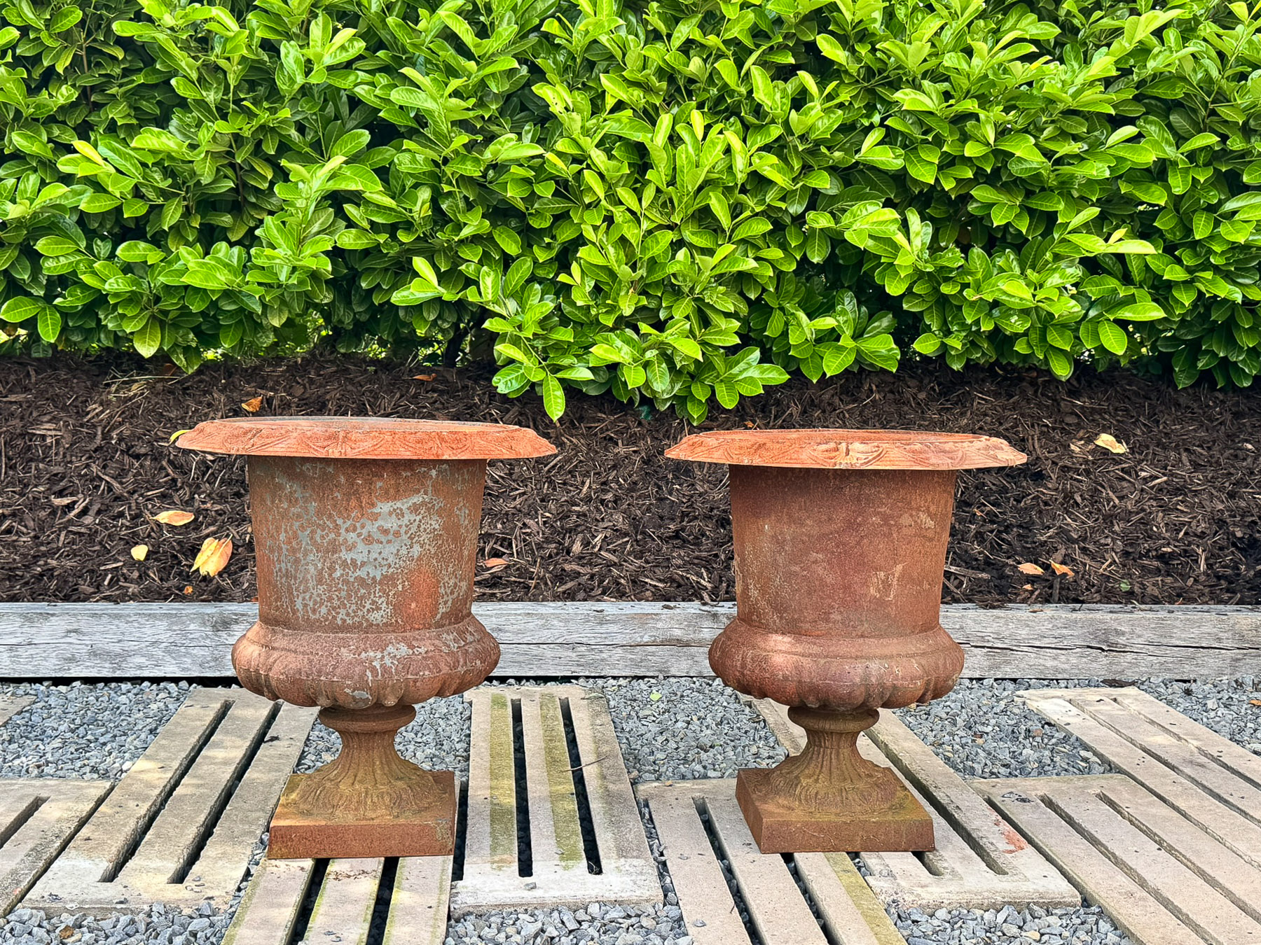 Large Pair Cast Iron Victorian Rococo Style Garden Urn Planters, late 20th century