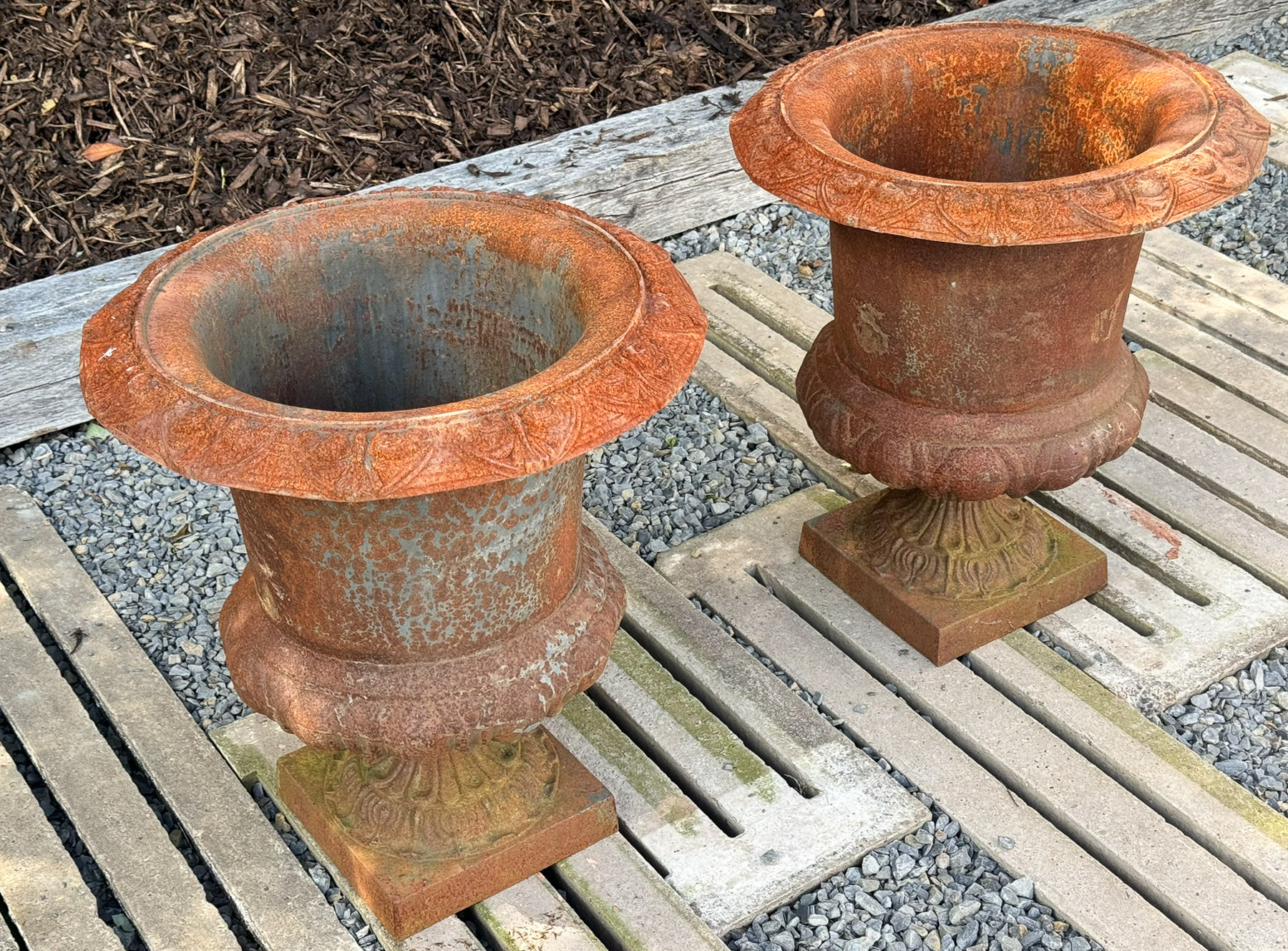 Large Pair Cast Iron Victorian Rococo Style Garden Urn Planters, late 20th century - Image 3