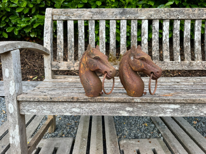 Pair of Reclaimed Cast Iron Horse Head Hitching Post Toppers