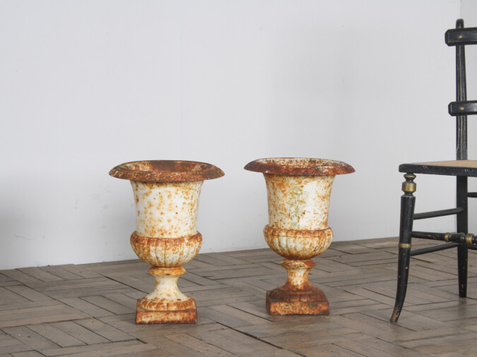 Pair of Cast Iron Garden Urn Planters with Weathered Patina