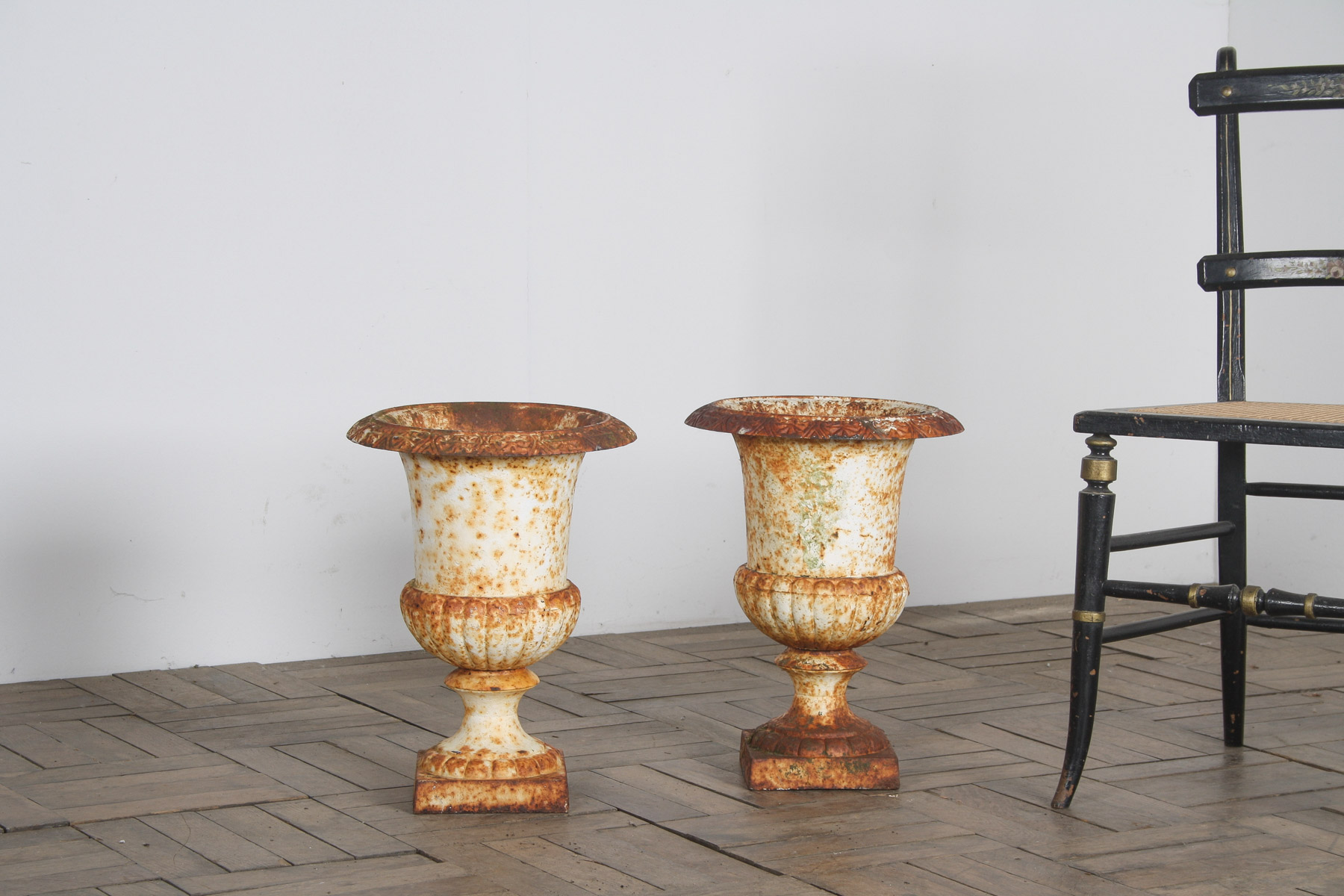 Pair of Cast Iron Garden Urn Planters with Weathered Patina