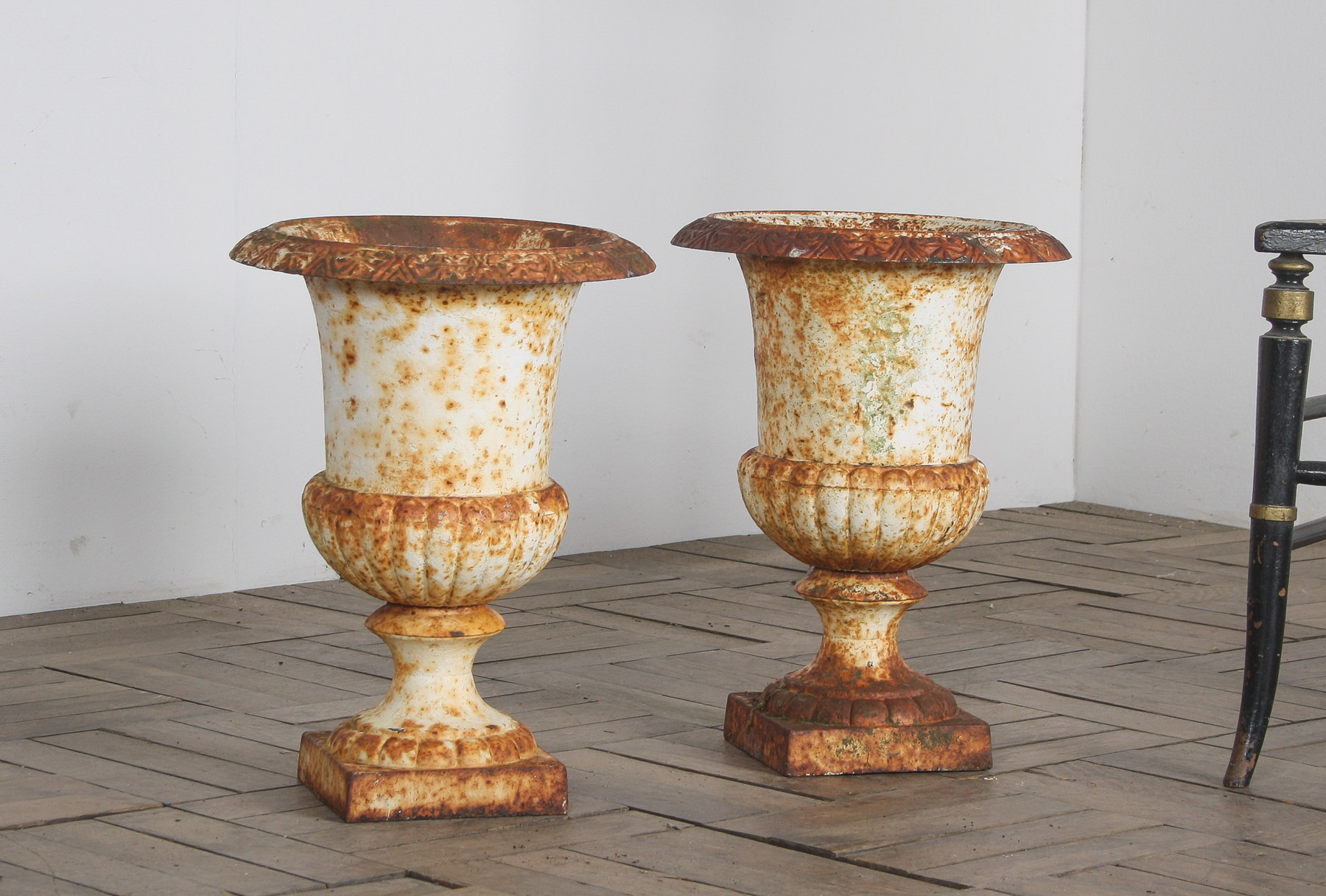 Pair of Cast Iron Garden Urn Planters with Weathered Patina - Image 2