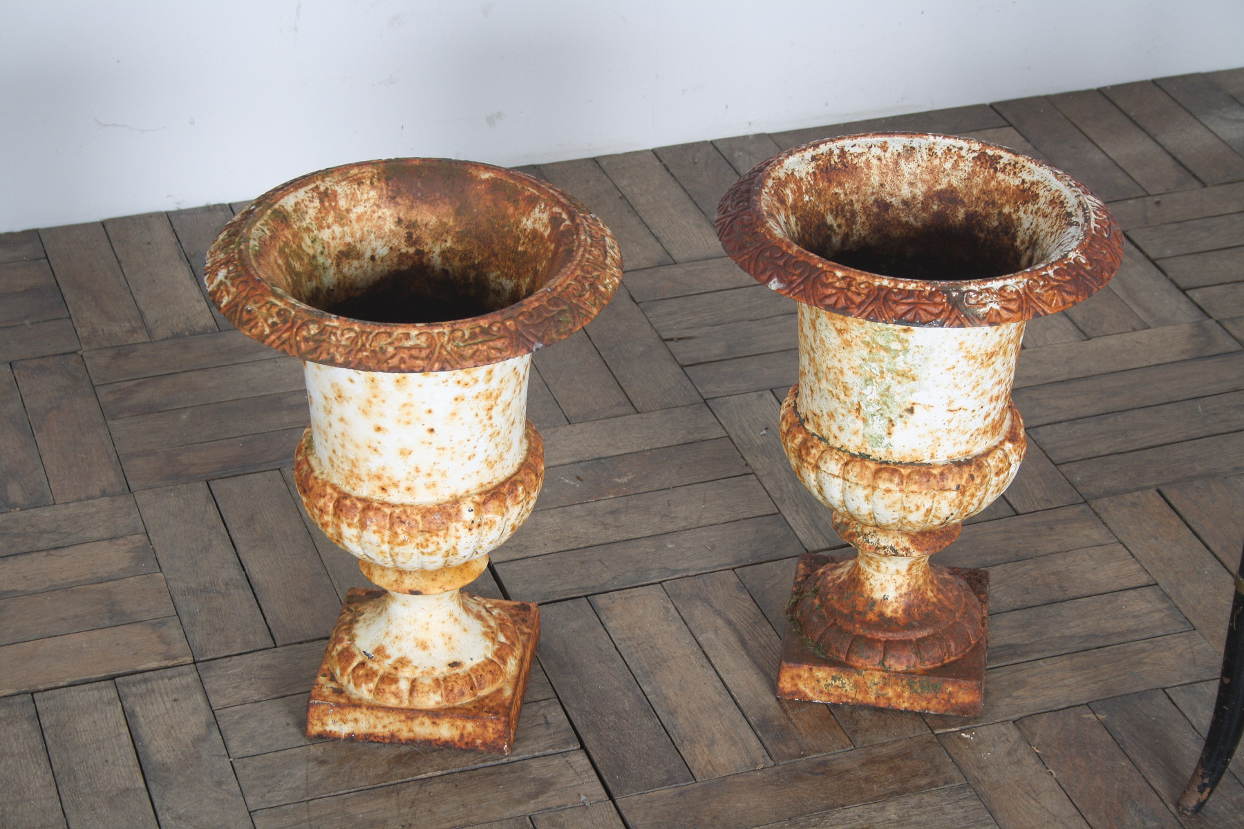 Pair of Cast Iron Garden Urn Planters with Weathered Patina - Image 3