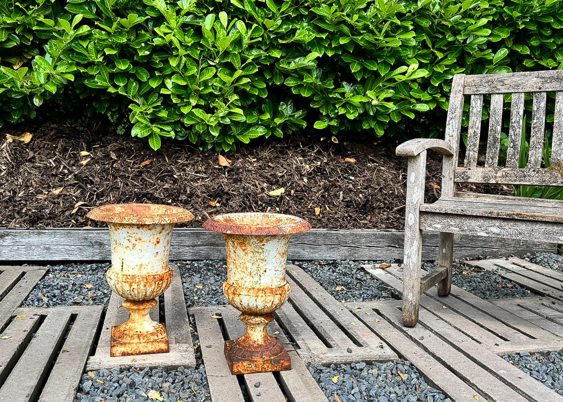 Pair of Cast Iron Garden Urn Planters with Weathered Patina - Image 9