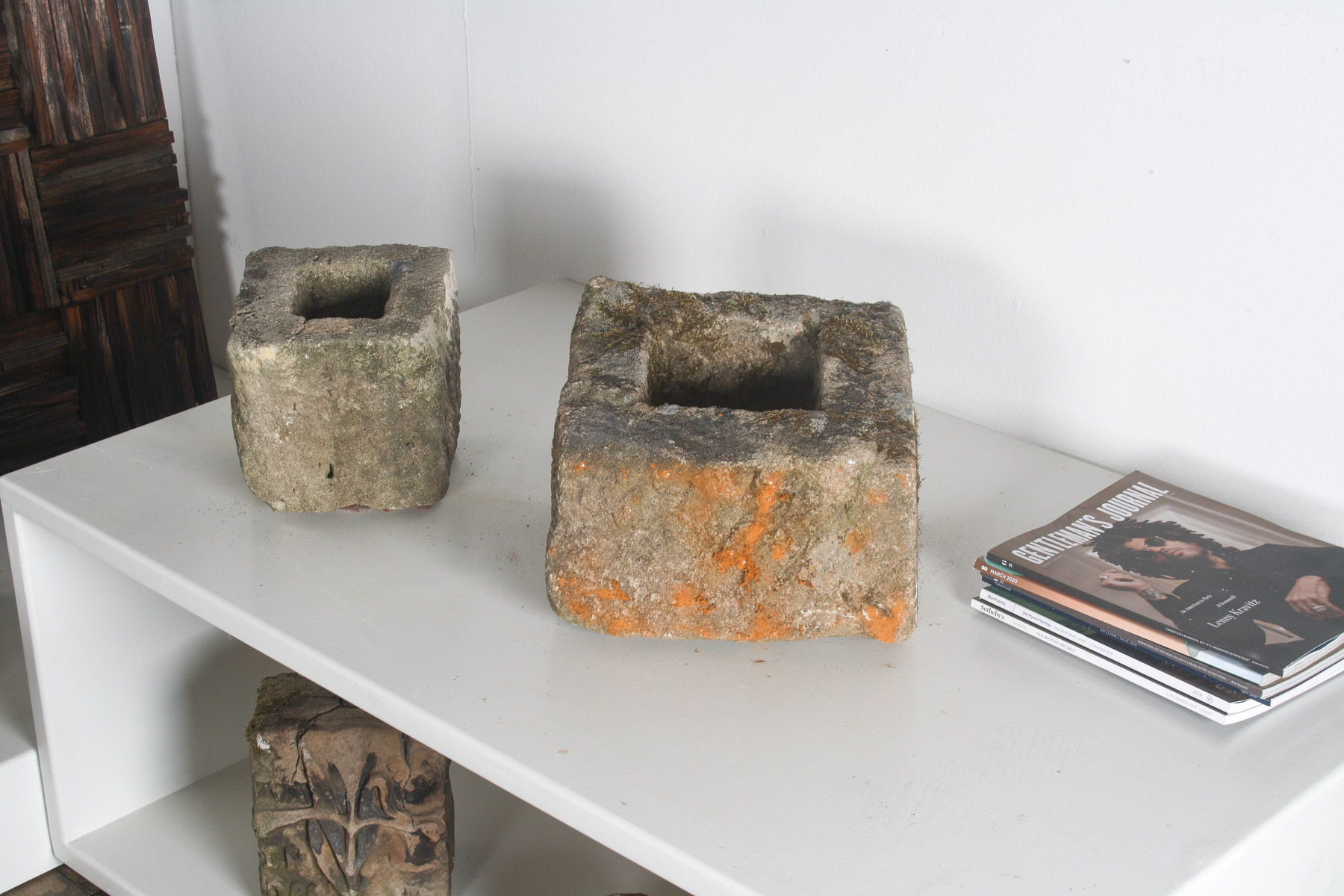 Pair of Small Antique Carved Stone Cube Planters | Wabi Sabi Bonsai Pots - Image 3