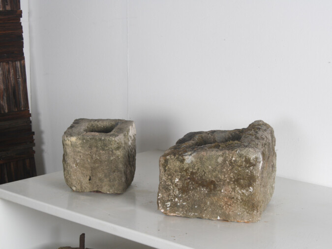 Pair of Small Antique Carved Stone Cube Planters | Wabi Sabi Bonsai Pots