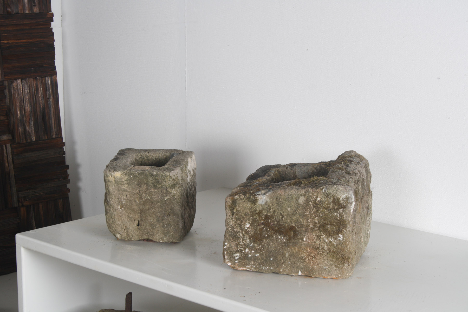 Pair of Small Antique Carved Stone Cube Planters | Wabi Sabi Bonsai Pots