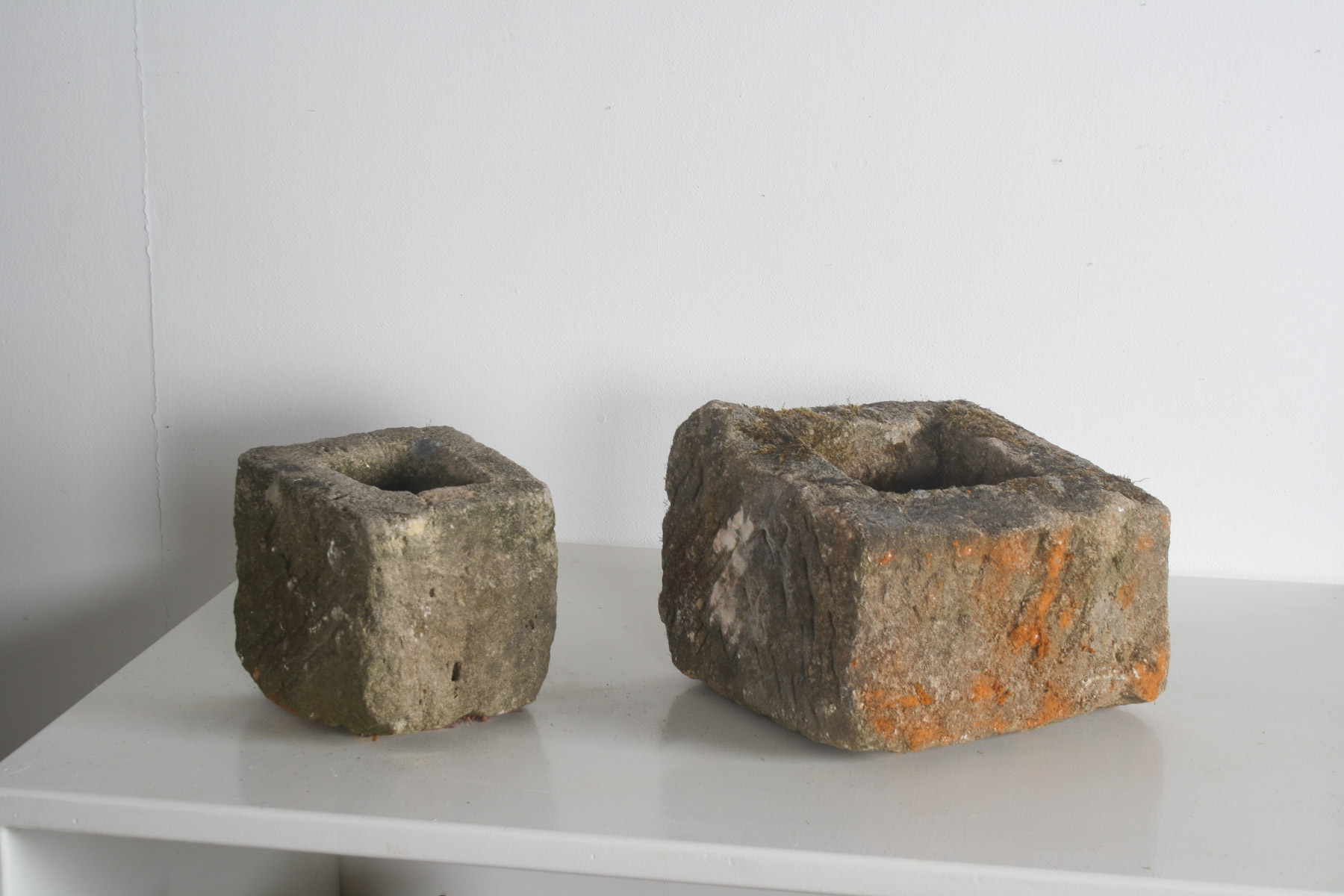 Pair of Small Antique Carved Stone Cube Planters | Wabi Sabi Bonsai Pots - Image 6