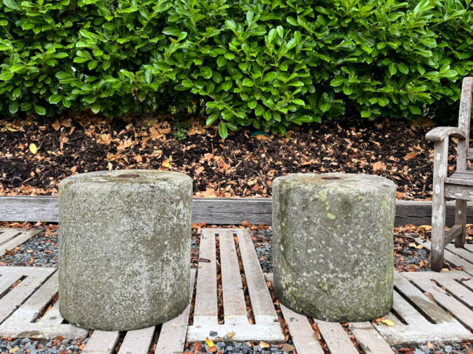 Pair of 19th Century Hand-Carved Stone Pedestal Column Bases | Weathered Garden Architectural Elements